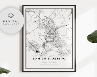 San Luis Obispo Map Art Print, California Road Map (Digital Download), NP378