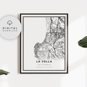 La Jolla-kaartafdruk, Californië, CA, VS, kaartkunstposter, San Diego, afdrukbare stratenplan stad, cadeau vader, NP363