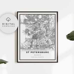 Kaart van Sint-Petersburg, Rusland Sint-Petersburg, afdrukbare wegenkaart stad, afdrukbaar cadeau moeder, NP790