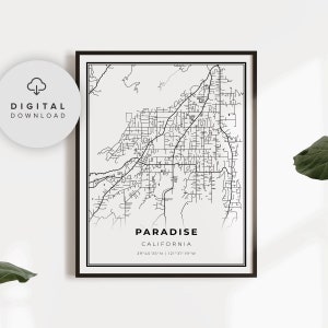 May include: Black and white printable map of Paradise, California. The map shows the city streets and includes the coordinates 39°45'35" N | 121°37'19" W.