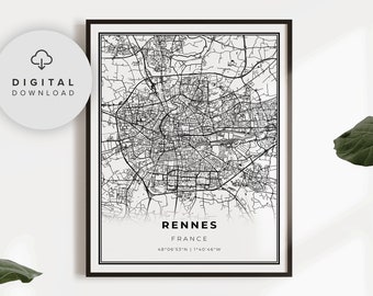 Rennes Map Print, France, Map Art Poster, Imprimerie de la rue, Décor Imprimable, Art carte de la ville, NP478