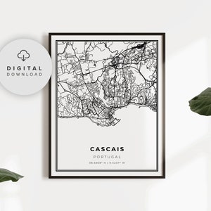 Cascais Kaart Print, Portugal Kaart Art Poster, Lissabon Portugese Rivièra, Afdrukbare stad straat routekaart, NP786