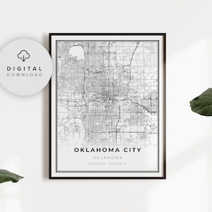 Puede incluir: Mapa imprimible en blanco y negro de Oklahoma City, Oklahoma. El mapa muestra las calles de la ciudad e incluye las coordenadas 35°28'56"N | 97°32'06"W.