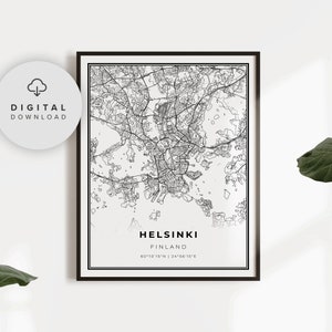Helsinki Mapa Wydruk, Finlandia Mapa Art Plakat, Wydrukowana mapa ulic miasta, Etsy do pobrania, prezent dla pilota, NP875