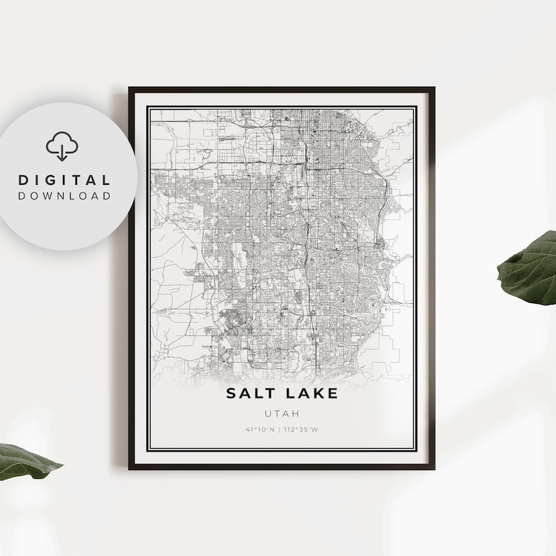 Puede incluir: Mapa imprimible en blanco y negro de Salt Lake City, Utah. El mapa muestra las calles y los puntos de referencia de la ciudad. El texto "Salt Lake City, Utah" y las coordenadas "41&deg;10'N | 112&deg;35'W" est&aacute;n impresas debajo del mapa.