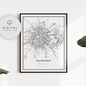 Kaart Plovdiv, Bulgarije kaart kunstposter, afdrukbare wegenkaart stad, afdrukbaar cadeau moeder, kaart poster decor, NP526