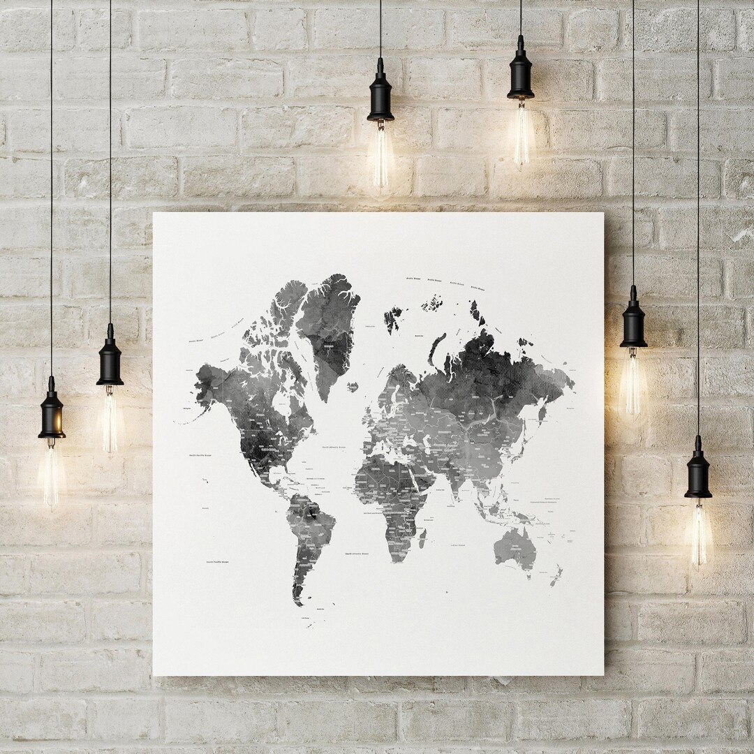 Black and White World Map, Printable, World Map Art Print, World Black ...