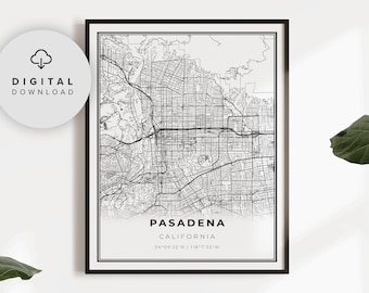 Pasadena Map Print, California CA USA Map Art Poster, Printable city street road map, etsy printable art, NP21