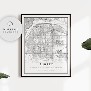 Impresión de mapa de Surrey, Columbia Británica, BC, Canadá. Mapa de calles de la ciudad para imprimir. Mapa de la ciudad para imprimir. Arte urbano. NP482