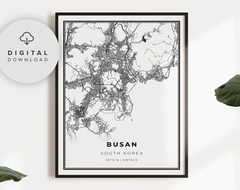 Busan Map Print, South Korea Map Art Poster, Printable city street road map, Digital wall art, gift ideas for her, NP451