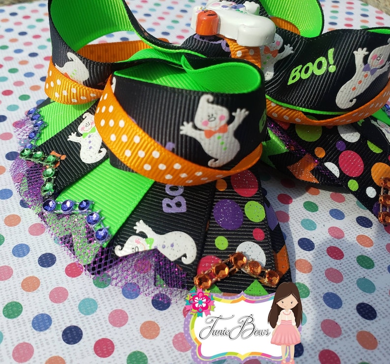 Ghost Hair Bow US Designer Prints Halloween neon colors Girls Clip Boo
