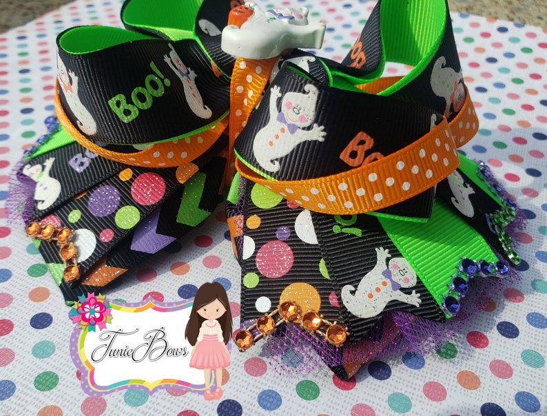 Ghost Hair Bow US Designer Prints Halloween neon colors Girls Clip Boo
