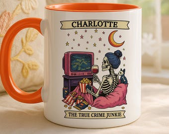 Personalised True Crime Junkie Mug – Custom Name Gothic Skeleton Coffee Cup – Spooky Gift for Horror Fans