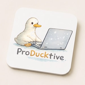 May include: A square coaster featuring a watercolour illustration of a white duck with an orange beak sitting in front of a grey laptop. Below the duck, the text ProDucktive is printed in dark grey and orange lettering on a white background.
