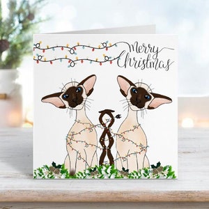 Chats de Noël emmêlés dans les lumières, Cartes de chats de Noël, Cartes de Noël Quels que soient les chats siamois, Carte de chats drôles, Carte de blague de nouveauté