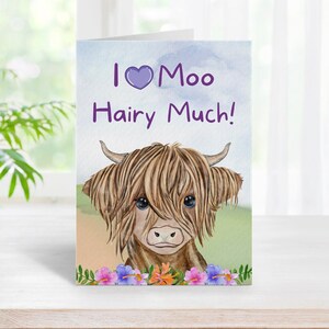 I Love Moo Hairy Much Card, Funny Joke Birthday Card, Cute Highland Cow Birthday Card, Novelty Card, 300gsm