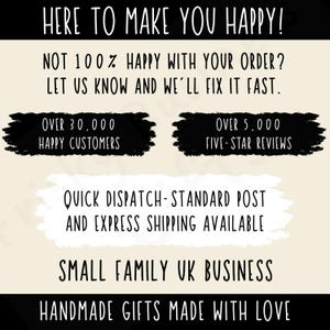 May include: Cream-colored background with black text that reads "HERE TO MAKE YOU HAPPY!" and "HANDMADE GIFTS MADE WITH LOVE." It also states "OVER 30,000 HAPPY CUSTOMERS" and "OVER 5,000 FIVE-STAR REVIEWS."