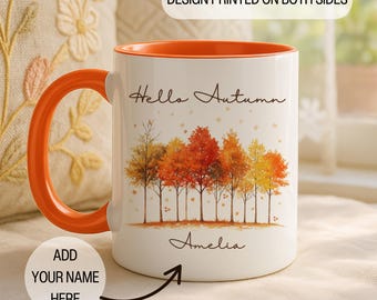 Caneca Hello Autumn – Caneca de café de outono com nome personalizado, caneca de decoração de outono, presente pessoal para ela, presente sazonal fofo, presente inovador e econômico