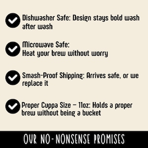 May include: A graphic with text listing promises: Dishwasher Safe, Microwave Safe, Smash-Proof Shipping, and Proper Cuppa Size - 11oz. The text "OUR NO-NONSENSE PROMISES" is at the bottom.