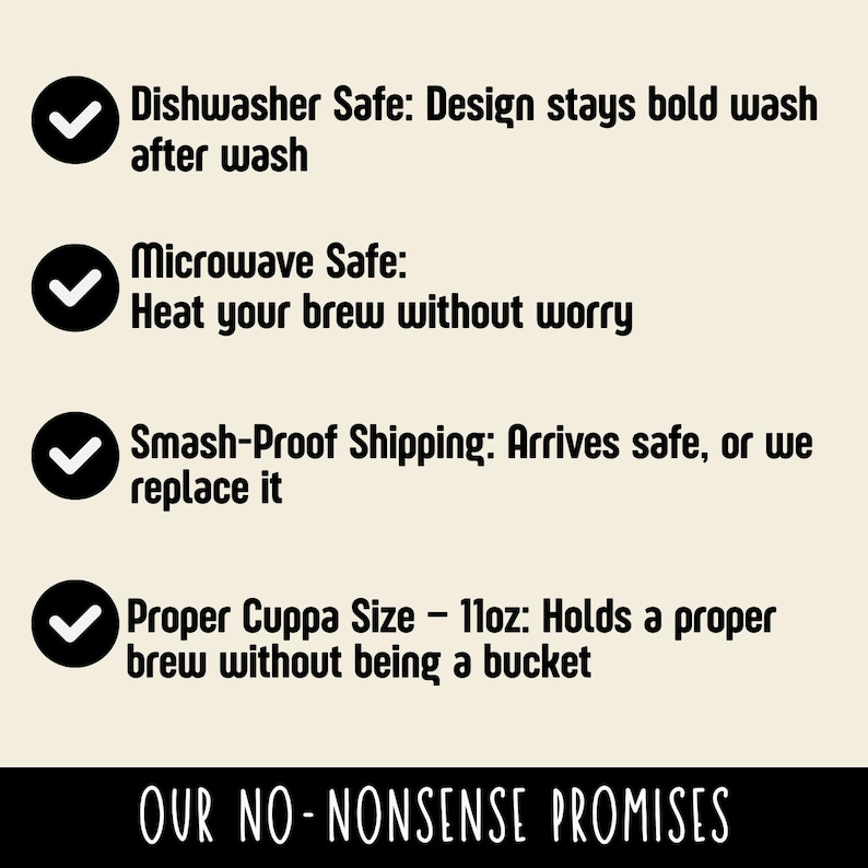 May include: A graphic with text listing promises: Dishwasher Safe, Microwave Safe, Smash-Proof Shipping, and Proper Cuppa Size - 11oz. The text "OUR NO-NONSENSE PROMISES" is at the bottom.