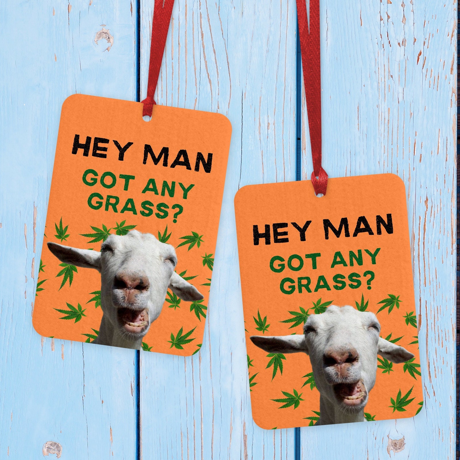 Drôle de désodorisant de voiture de chèvre, Hey Man Got Any Grass Air Freshener, cadeau de blague, assainisseur d’air de nouveauté, cadeau Stoners