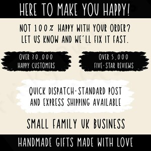 May include: Cream-colored background with black text that reads "HERE TO MAKE YOU HAPPY!" and "HANDMADE GIFTS MADE WITH LOVE." It also states "OVER 30,000 HAPPY CUSTOMERS" and "OVER 5,000 FIVE-STAR REVIEWS."