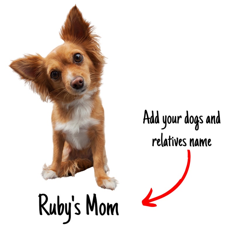May include: A brown and white dog with large ears is looking to the right. The text "Ruby's Mom" is written below the dog. An arrow points to the right with the text "Add your dogs and relatives name" above it.