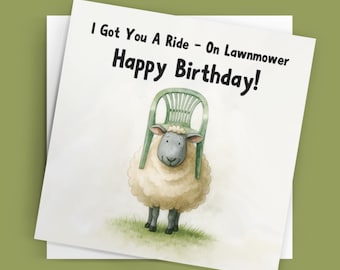 Funny Birthday Card – Ride On Lawnmower Sheep Pun – Quirky Animal Greeting Card – Square Card for Him Her Friend Dad – Handmade UK
