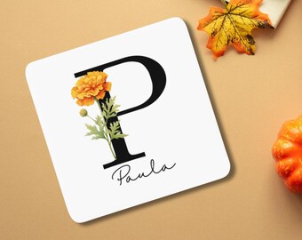 Personalised Initial Coaster – Birth Flower Gift with Name, Custom Monogram Letterbox Gift, Birthday or Friendship Present for Her