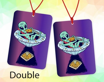 Grappige UFO Alien luchtverfrisser, Alien eten pizza luchtverfrisser, grappige UFO luchtverfrisser, grap aanwezig, auto decor, cadeau voor hem, kerstcadeau