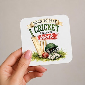 Born to Play Cricket Forced to Work Coaster – Funny Cricket Gift – Cricketer Drinks Coaster with Bat and Stumps – Cricket Fan Gift