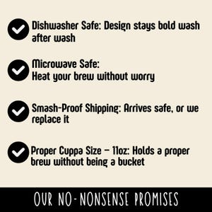 May include: A graphic with text listing promises: Dishwasher Safe, Microwave Safe, Smash-Proof Shipping, and Proper Cuppa Size - 11oz. The text "OUR NO-NONSENSE PROMISES" is at the bottom.