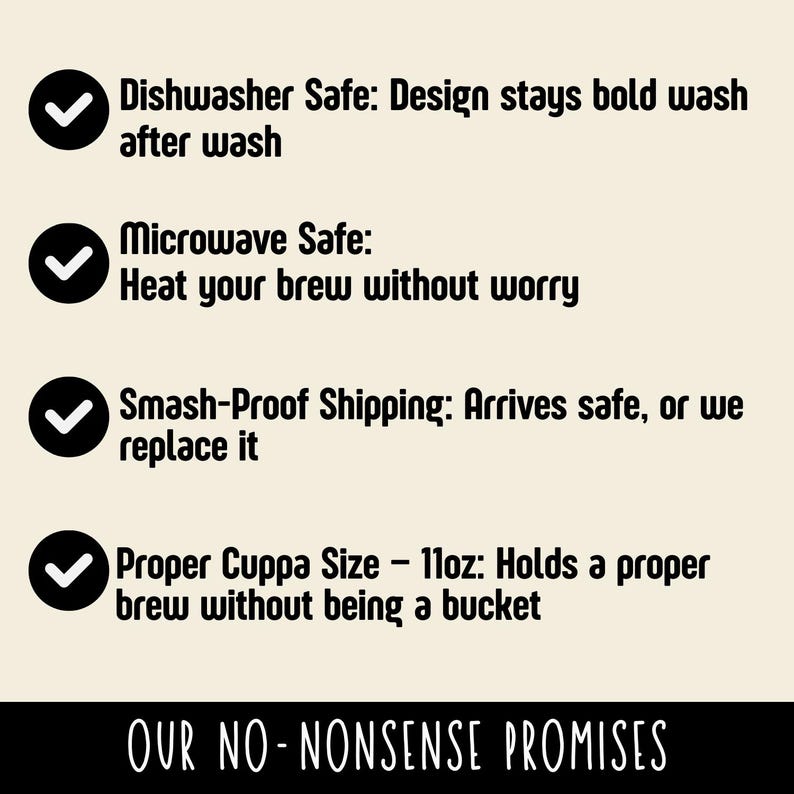 May include: A graphic with text listing promises: Dishwasher Safe, Microwave Safe, Smash-Proof Shipping, and Proper Cuppa Size - 11oz. The text "OUR NO-NONSENSE PROMISES" is at the bottom.