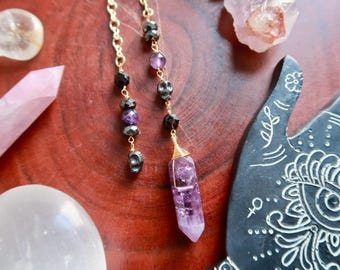 Amethyst Pendulum, Black Tourmaline, Hematite, crystal pendulum, skull, divination tool