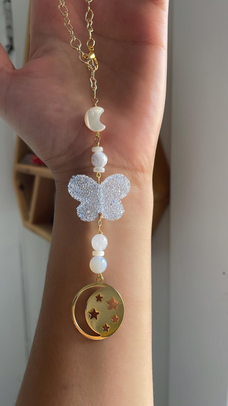 Blue Chalcedony, Butterfly, Car Charm, Car Hanging, Crystal Sun Catcher