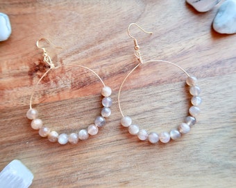 Peach Moonstone Hoop Earrings, Crystal Hoop Earrings, Hoop Earrings, Wire Wrapped Earrings, Natural stones, gift for her