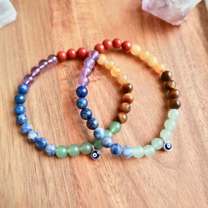Seven Chakras Beaded Bracelet: Natural Gemstones, Evil Eye Charm