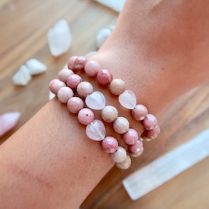 AAA Haitian Flower Rhodonite Bracelet, Rose Quartz, Faceted, Heart bead, Gemstone, 8mm Beads, Crystal bead,Beaded Bracelet, Mothers Day