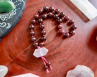 Garnet, Rose Quartz, Pocket Mala, Hand Mala, 27 Bead Pocket Mala, Travel Mala, Prayer beads