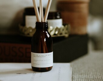 Lemongrass & Ginger Essential Oil Reed Diffuser which has been mixed with love and intention in Devon, UK.