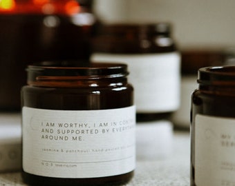 Jasmine & Patchouli Soy Wax Candle "I am worthy" Label