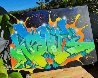 Toile graffiti faite main sur mesure avec nom personnalisé, street art, graffiti, cadeau d'anniversaire personnalisé