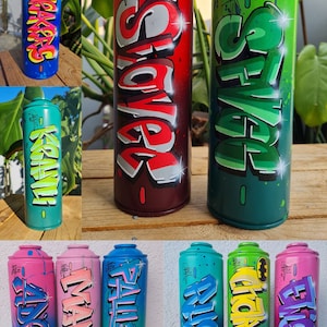 May include: Ten spray paint cans with different colors and designs. Each can has a different name written on it in graffiti style. The names are: "Sneakers", "Slower", "Sweat", "Kranium", "Adore", "Wandon", "Pallazean", "Right", "Glorias", and "Eniga".