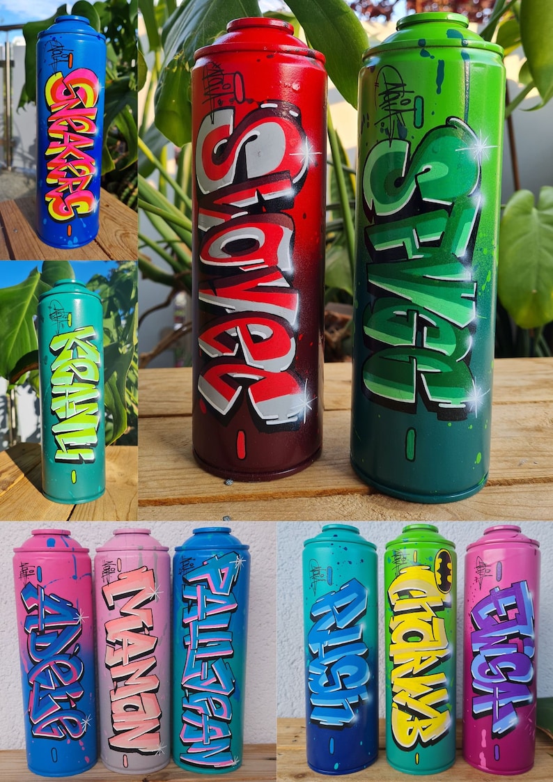 May include: Ten spray paint cans with different colors and designs. Each can has a different name written on it in graffiti style. The names are: "Sneakers", "Slower", "Sweat", "Kranium", "Adore", "Wandon", "Pallazean", "Right", "Glorias", and "Eniga".