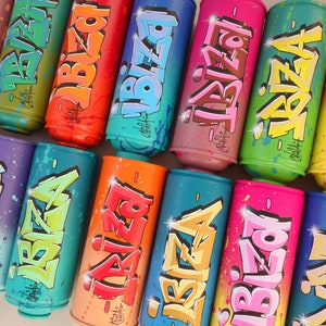May include: A collection of spray paint cans with the word "IBIZA" written in colorful graffiti style. Each can features a different color scheme and unique lettering.