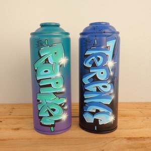 May include: Two spray paint cans with blue and green graffiti art. The cans are labeled "Rap City" and "Terrific".