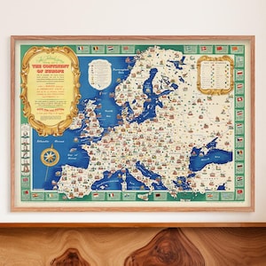 Der europäische Kontinent Bildliche Karte, Geschichtsdruck Europa, Wandkunst, Illustrierte Karte, Reisedekor, Fernweh Kunst, Reisegeschenke