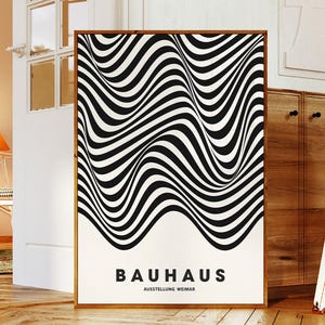 Bauhaus Waves Exhibition Poster - Black & White Abstract Print, Modern Geometric Wall Art, Minimalist Mid Century Decor, Optical Art Design