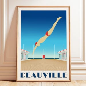 Póster de viaje a Deauville: arte mural con escena de buceo de mediados de siglo, decoración de la Riviera francesa, impresión costera de verano, obra de arte de estilo playero retro, art déco