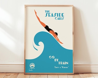 The Seaside Calls - Vintage Travel Poster, Retro Swimmer Print, Coastal Beach Wall Art, Art Deco Summer Decor, Ocean Wave Illustration, Gift